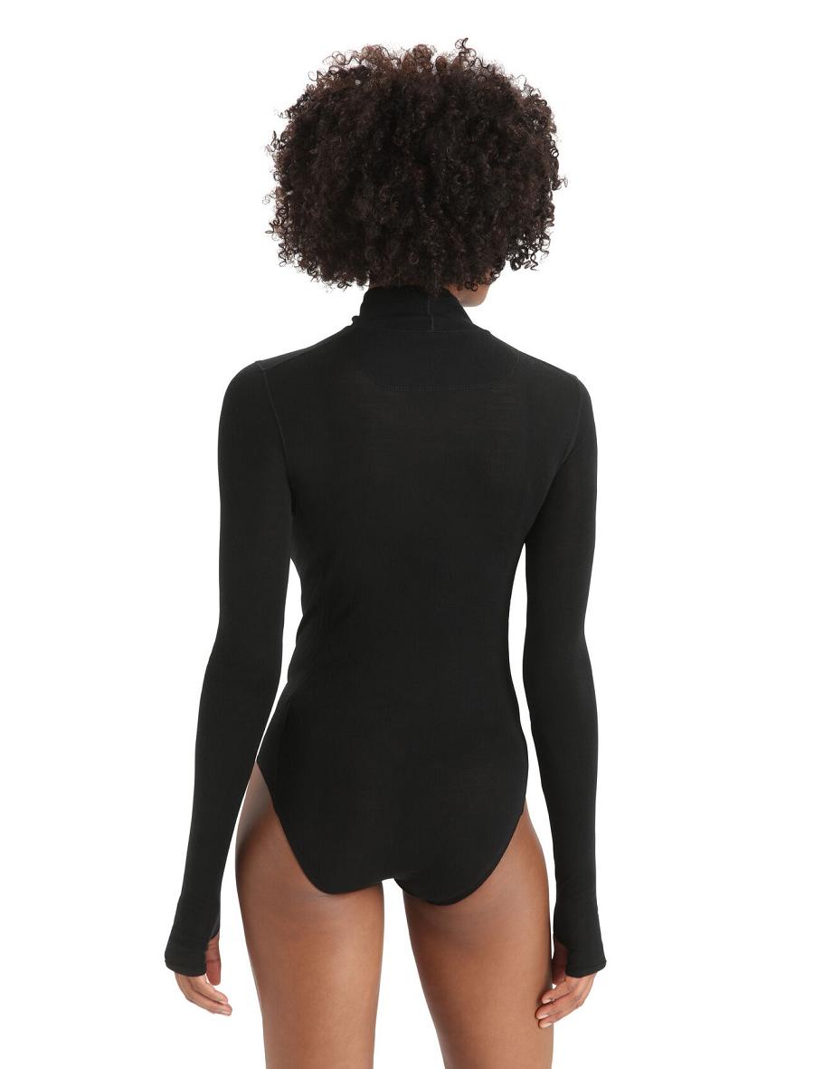 Bielizny Icebreaker Merino Queens Long Sleeve High Neck Bodysuit Damskie Czarne | PL 1246KORI